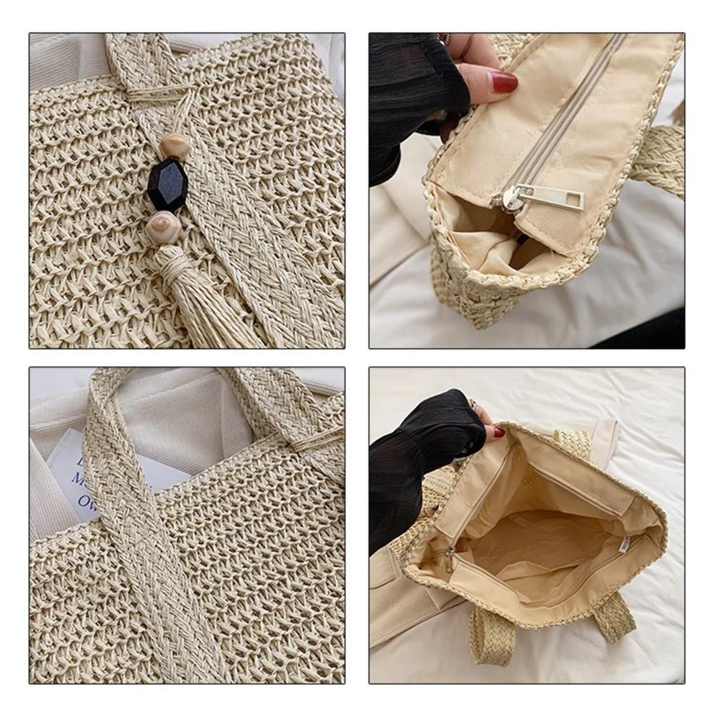 Casual Solid Color Tote Bag Large Capacity Hand Woven Shoulder Bag Tassel Pendant Square Handbag Women