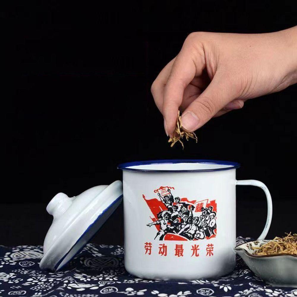 Retro Verdickt Nostalgischen Emaille Tasse Grün mit Abdeckung Tee Glas 1970er Jahre Chinesischen stil Anti-fall Becher Camping