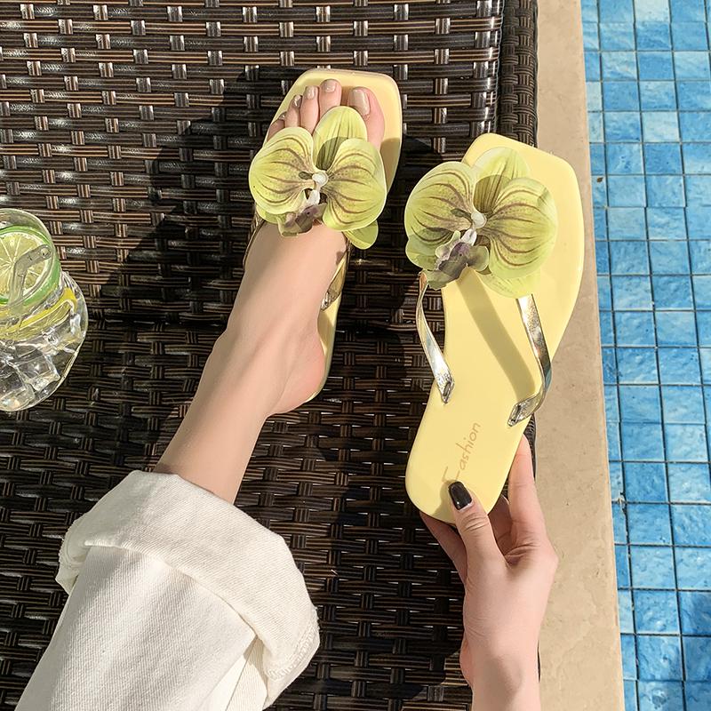 Luxury New Flip Flops Women's Slippers Summer Square Toe Flat Sandals Outdoor Casual Slippers Women Flowers Shoes Ladies