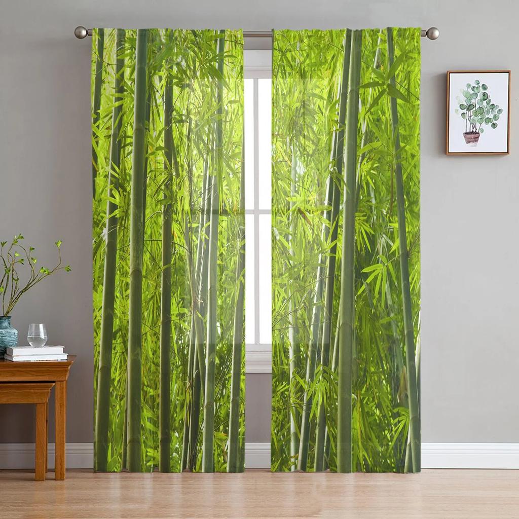 Green Bamboo Zen Plant Tulle Curtains Modern Chiffon Sheer for Living Room Bedroom Kitchen