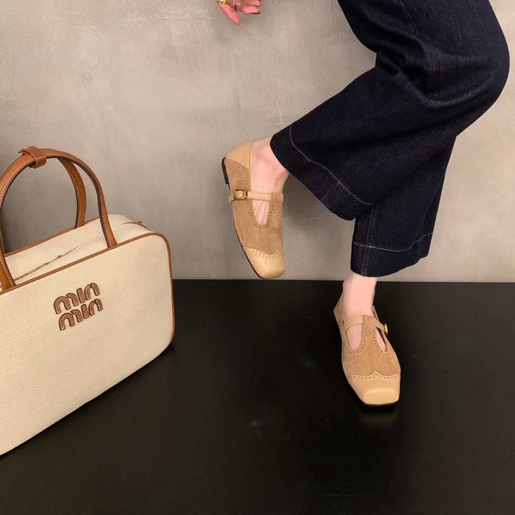 2025 New French Retro Versatile Word with Flat Bottom Suede Square Head Shallow Mouth Mary Jane Shoes Autumn