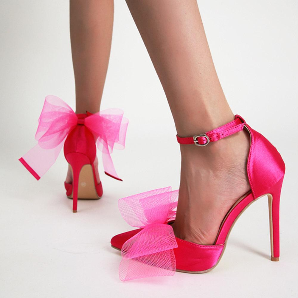 Hollow sandals sweet mesh bow stiletto strap single shoes pointed black high heels