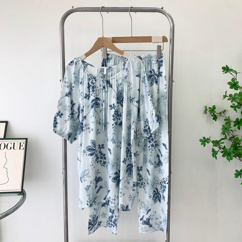 

Poplin Pajamas Women s Spring Amoi Chinese Style Traditional Fancy Thin Homewear Suit Outwear Plus Size Suit Light Blue One size