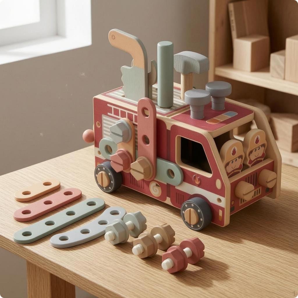 Wooden Screw Toy Vehicle Removable Parts Nut and Bolt Painted Fire Truck