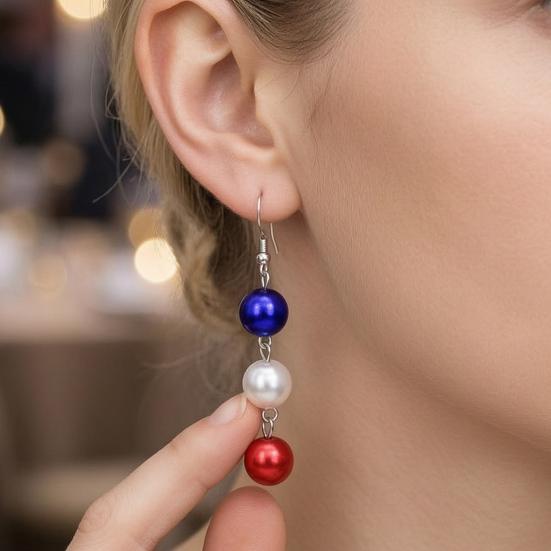 Lightweight Statement Earrings 1 Pair Independence Day for Women, Red White Blue Beads Dangle Drop Festival Party Accessories Earrings, 4th