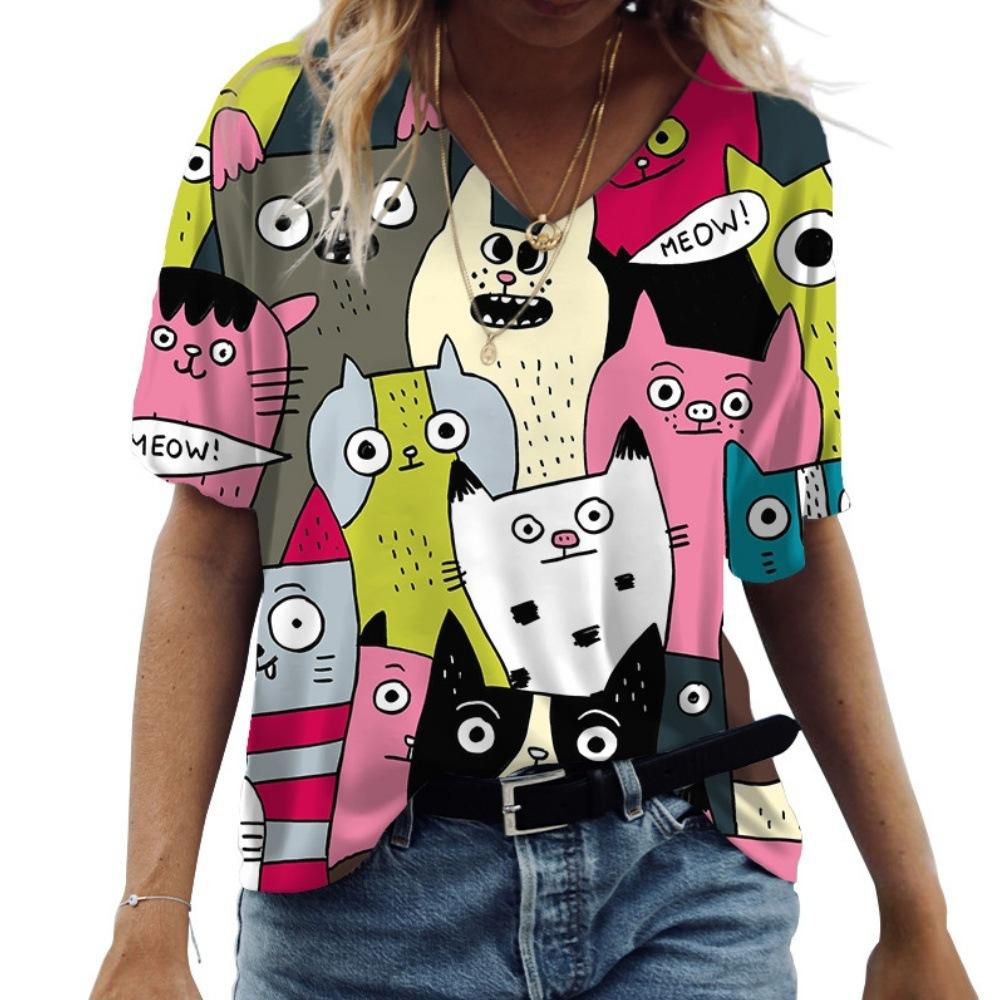 Summer Cartoon Cat Short Sleeved Women's T-shirt V-neck Animal Print T-shirt Loose Comfortable Plus Size T-shirt