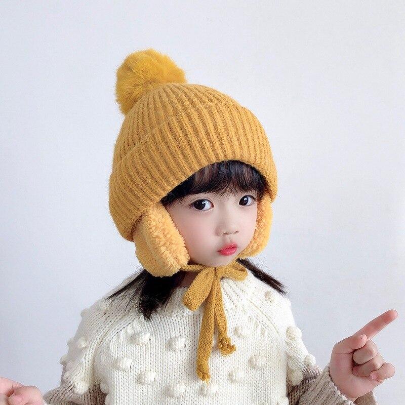 Vinterlue til guttebarn Jente Varmt hode øreklokker Lue ensfarget stripete strikkeplysj fortykning Vinterlue for 2-6 år baby