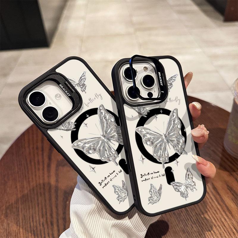 Silver Butterfly Acrylic Hard Shell For iPhone16 16pro 15ProMax 11 12 13pro 14Plus Multi Functional Lens Phone Holder Phone Case