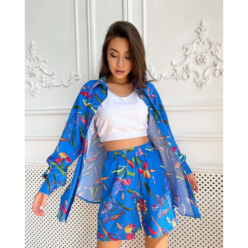 European and American Style Women's Spring and Autumn Casual Printed Long Sleeve Shirt and Shorts Two-Piece Set