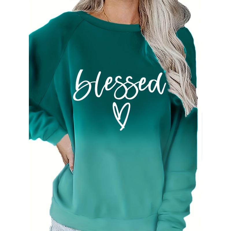 Plus Size Spring Casual Sweatshirt, Women's Ombre & Letter & Heart Print Raglan Sleeve Round Neck Slight Stretch Pullover Top