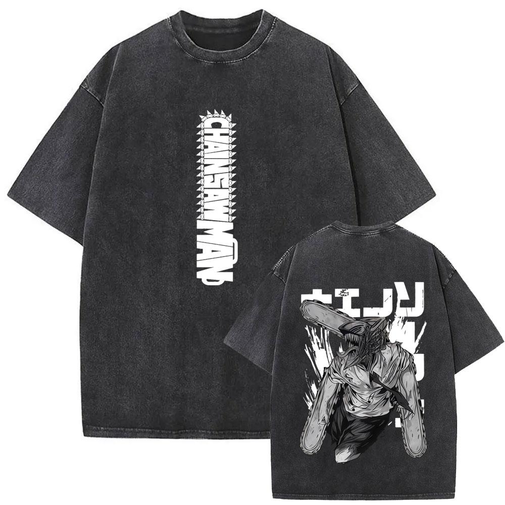 Japanese Anime Chainsaw Man Washed Vintage Print Tshirt Cartoon Reze Graphic T Shirt Men Women Manga Casual Oversized T Shirts