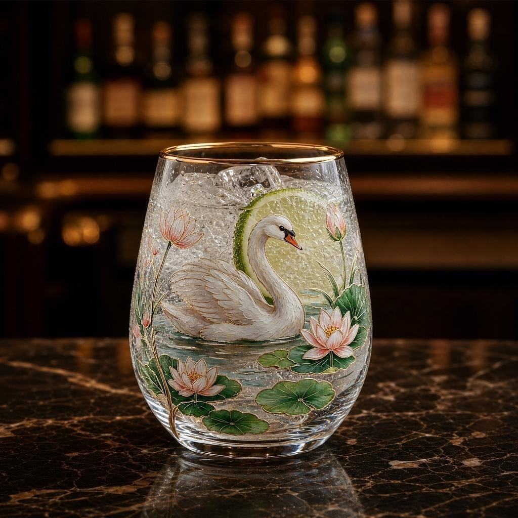 Glass Drinking Cup with Swan and Floral Print Design Stemless Glassware Suitable for Juice Water and Beverage Serving At Home or Office