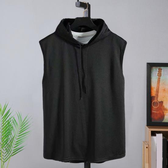 Men Summer Vest Hooded Drawstring Solid Color Loose Pullover Sports Soft Sleeveless Summer Tank Top Male Clothes