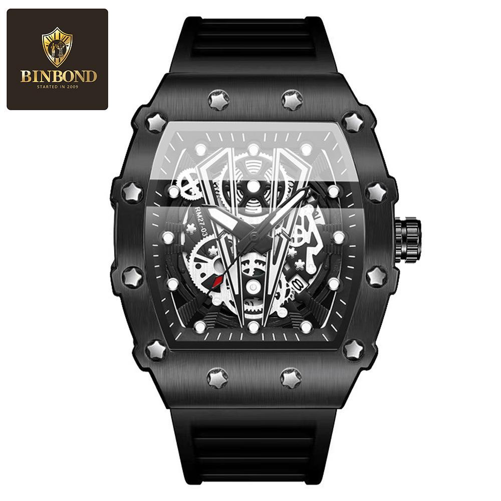 BINBOND Men's Domineering Barrel-Shaped Sports Watch with Curved Hollow Design