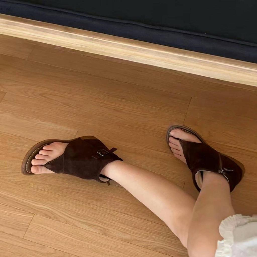 Leather new fashionable retro toe open-toed high-top sandals women's side zipper cool boots