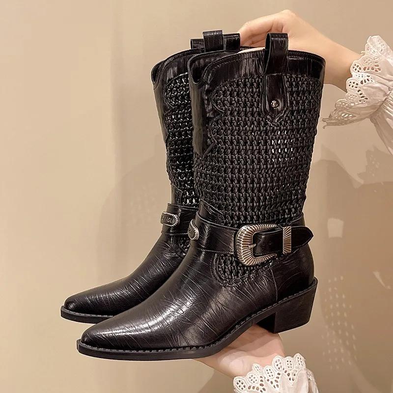 Fashion New Fashion Temperament Fashion Boots Pointed Toe Cutout Woven Women's Shoes 2025 New Boots