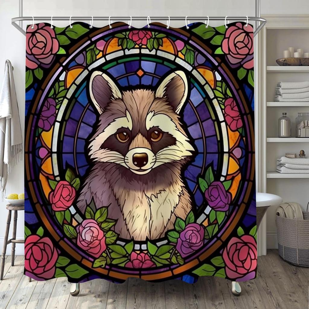Fox Shower Curtain For Bathroom, Leaves Glass Art Shower Set, Cute Animals Abstract Fabric Modern Waterproof Bathroom Decor