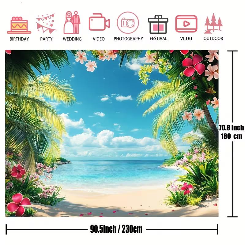 2D Tropical Flower Beach Backdrop Palm Tree Ocean Photography Background