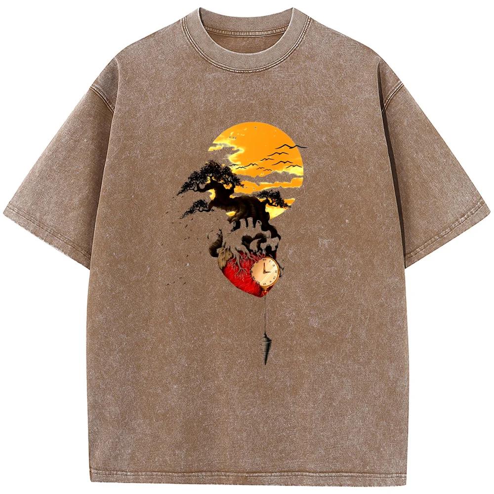 Time Sunset Mountain Men Women Washed T-Shirt Cotton Funny Loose Bleached Tshirt Retro Bleach T shirt Tops Tee