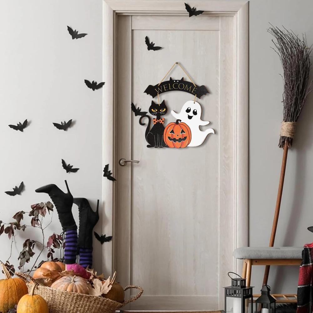High Quality Halloween Decorative Wooden Sign with Black Cat, Pumpkin and Ghost -"Welcome" Design for Door Hanging for Halloween