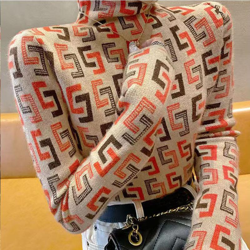 Cămașă cu gât înalt pentru femei toamnă și iarnă nou pulover imprimat pulover slim fit, slim și cald, interior interior