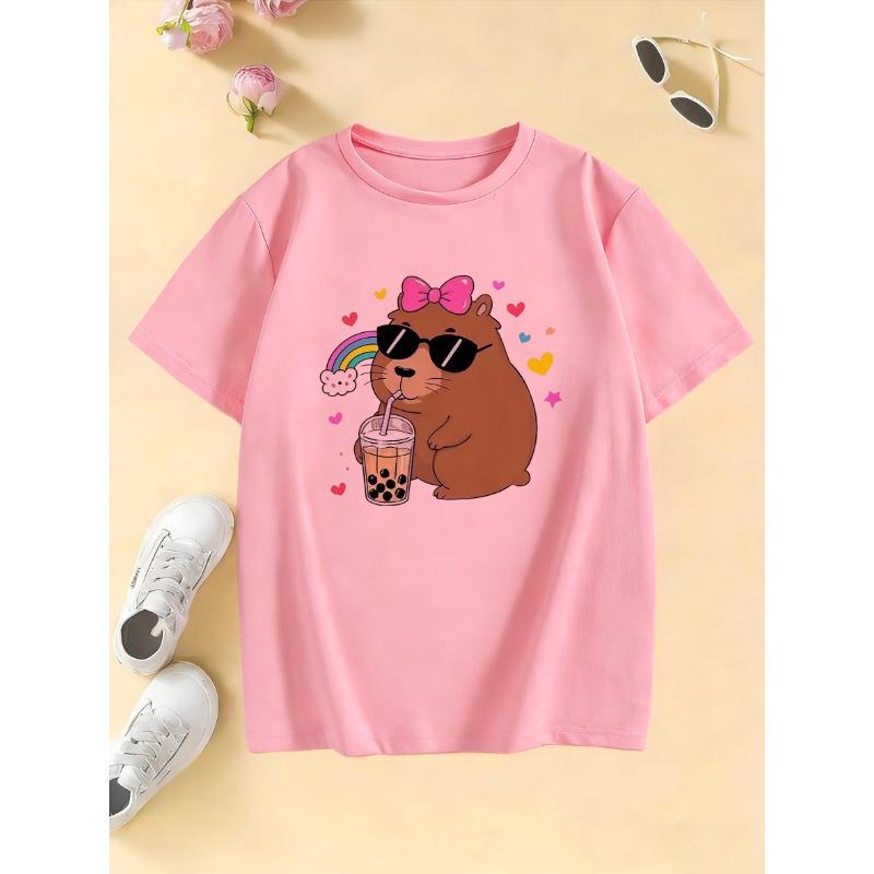 Girls' Stylish Hoodie with Capybara Printed T Shirts Kids Children's T-shirt Boys Girls Summer Spring Casual Top Tee