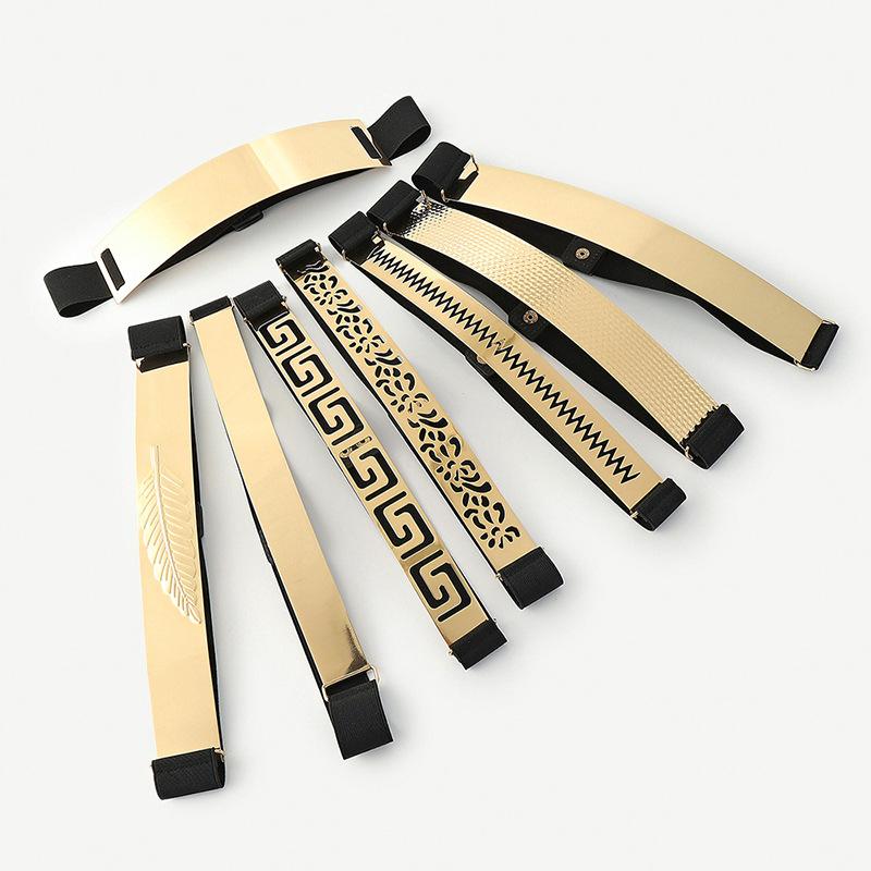 Strictly Selected Metal Gold Mirror Sequin Hollow Iron Waist Seal Black Elastic Elastic Belt