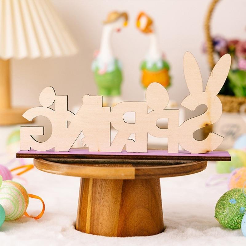 1PC Easter Ornament Rabbit Ornament Purple Wood Letter Decorative Egg Tabletop Ornament