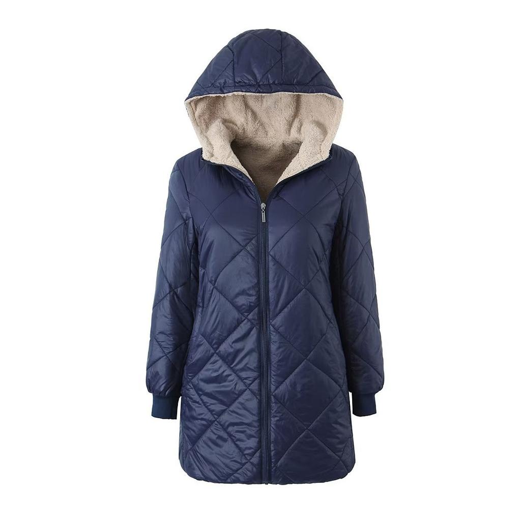 Women's Coat Solid Color Lambfleece Glossy Geometric Check Hooded Zipper Mid-length Cotton Jacket