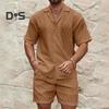 Conjunto de 2 peças de roupa de verão masculina, lapela, manga curta, botões, camisa, cintura elástica, shorts, conjunto de agasalho de cor sólida