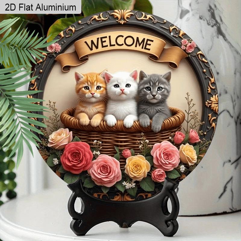 2D Flat Aluminum Welcome Sign Round Metal Sign with Cute, Rustic Farmhouse Spring Summer Porch Wall Hanging for Cat Lovers, Pre-Drilled Holes for