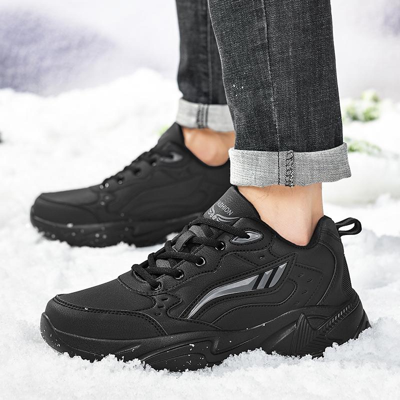 Autumn and Winter Men's Leather Sneakers Casual Plush Shoes Warm Footwear Snow Shoes Anti Slip Sneaker