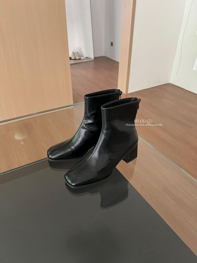 2025 autumn and winter new square head thick heel rear zipper low tube thin Martin women's short boots