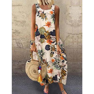 Women Retro Cotton Linen Floral Printed Vest Dress Vintage Casual Summer Sundress O Neck Sleeveless Oversized Maxi Long Dresses