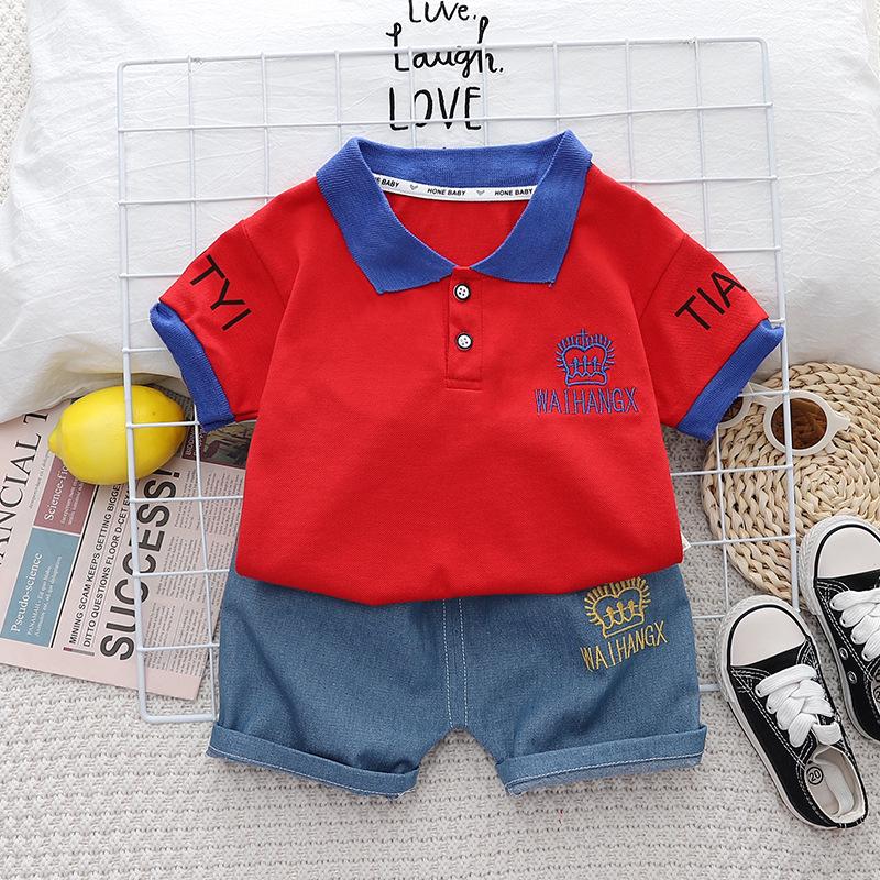 

Летние спортивные костюмы для мальчиков 2023 года с коротким рукавом и лацканами — тонкие, маленькие и средние размеры 80cm