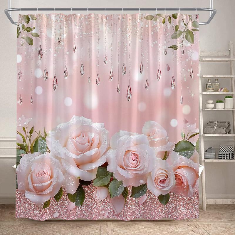 Rose Flowers Shower Curtains Pink White Floral Green Leaves Plant Valentine'S Day Bath Curtain Fabric Bathroom Decor With Hooks