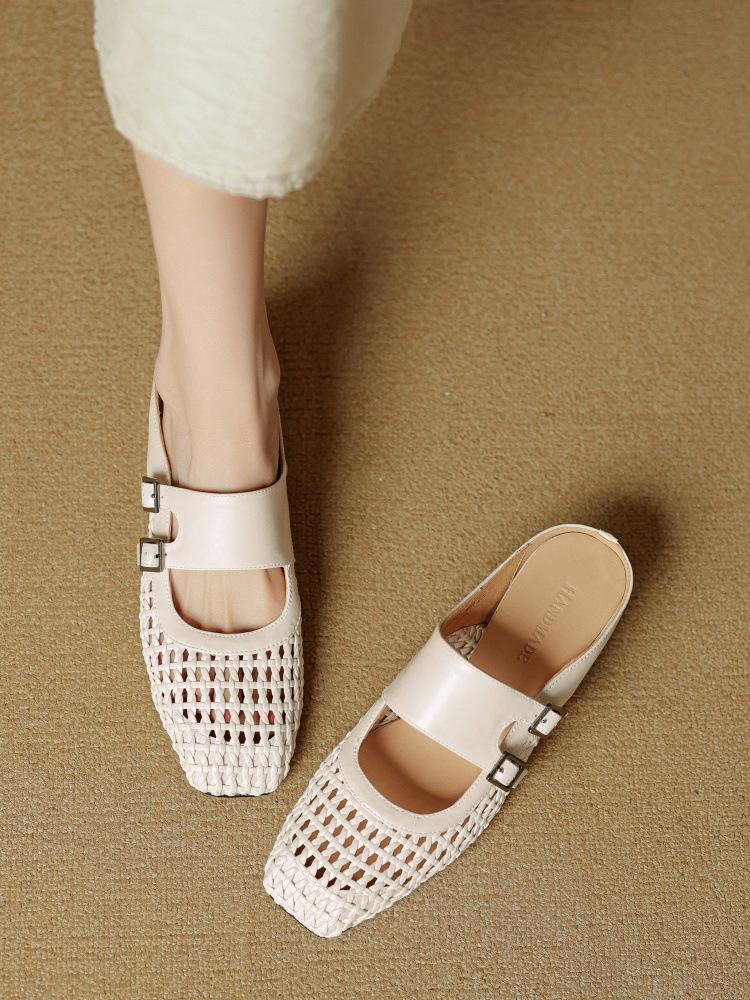 

Elegant temperament inner height increase belt buckle bag head sandals summer new casual woven hollow outer wear thick heel slippers 40 бежевый