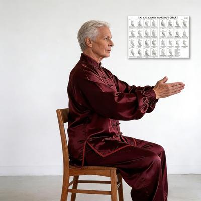Tai Chi Krzesło Treningowy Wykres Plakat Bez Ramki Ćwiczenia Siedzące dla Początkujących i Seniorów 12x18 Cal PVC Sztuka Ścienna do Salonu Sypialni Studio Jogi