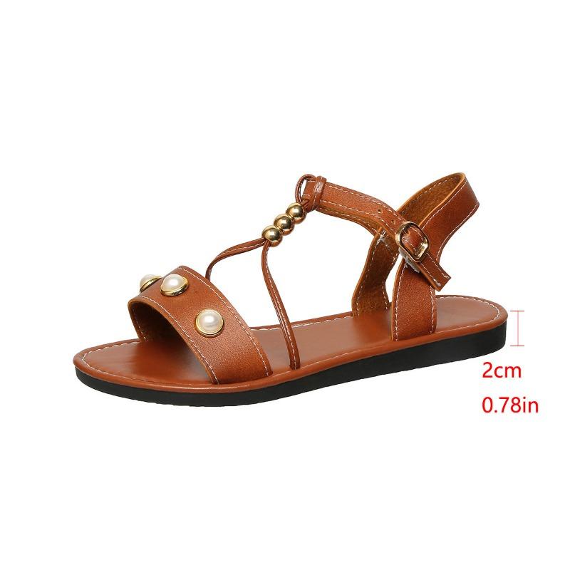 Large size flat sandals women's summer new fashion pearl beaded ankle buckle sandals women