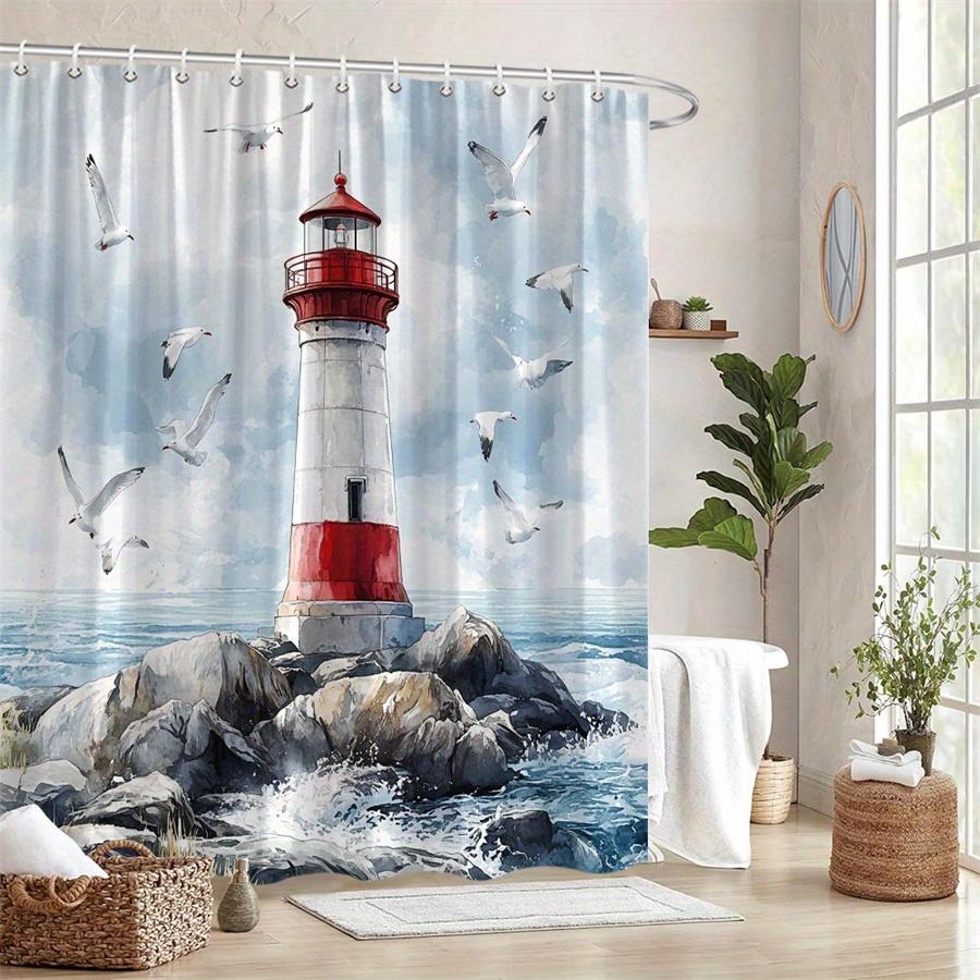 lighthouse and seagulls shower curtain coastal watercolor art design for seaside bathroom decor with hooks Simple Installation