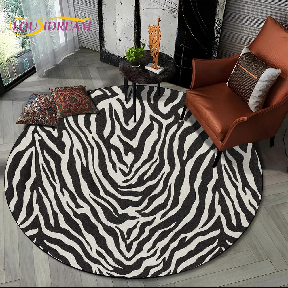 3D Barevný Pruhovaný Vzor Zebra Kulatý Koberec pro Obývací Pokoj, Ložnici, Dětský Herní Koutek Dekor, Protiskluzová Podložka do Zóny pro Domácí Mazlíčky