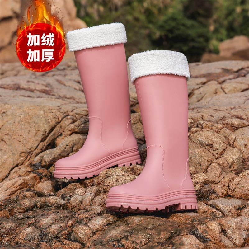 Winter Velvet Set Rain Shoes Women's Seaside Fashion High Tube 38cm Heightening Sole Rain Boots Exquisite Women's Water Shoes Warm Shoes