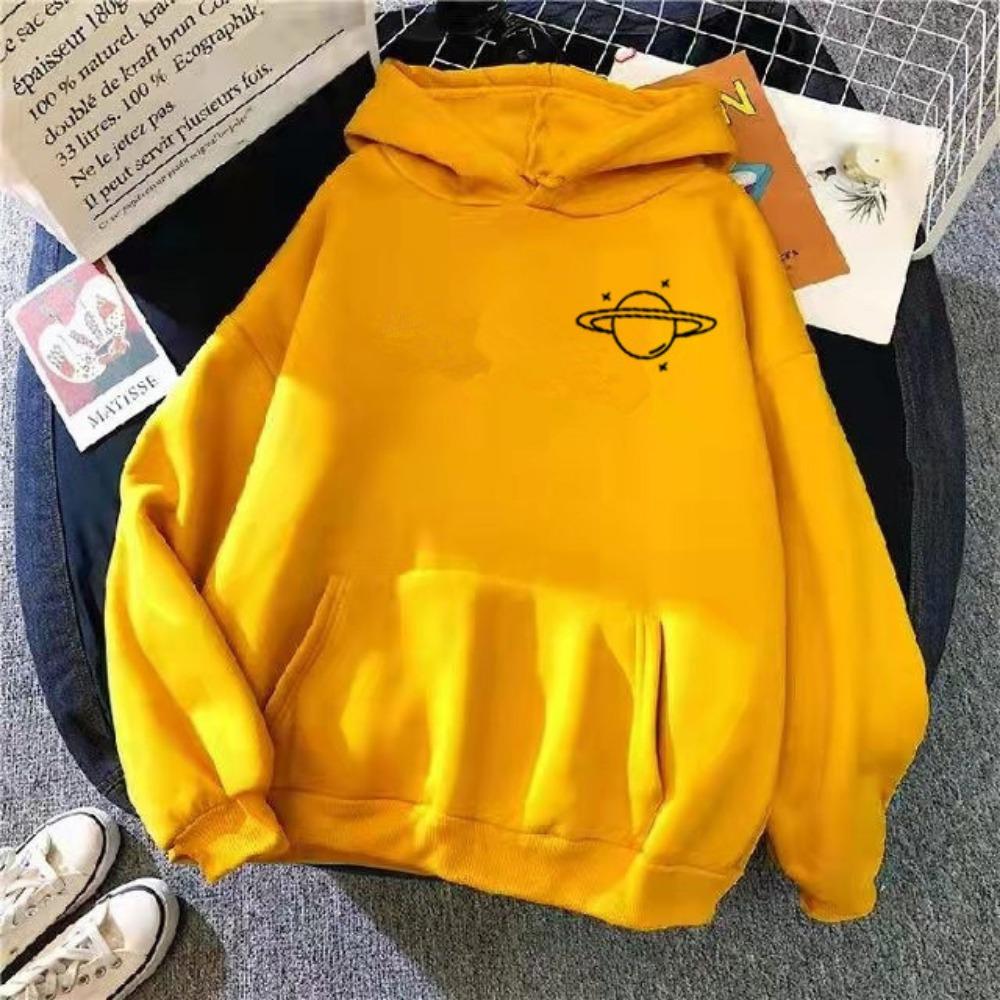 New Sweater Women's Autumn and Winter Korean Version Loose Lazy Wind Planet Printing Versatile Hooded Top Velvet Student Sweater
