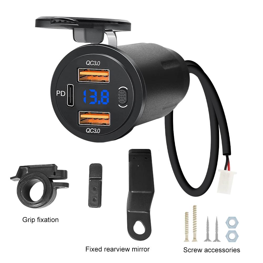 PD QC3.0 Motorcycle USB Fast Charger Waterproof Type C Port Socket Connector With Voltmeter Digital Charge 12V Power Adapter