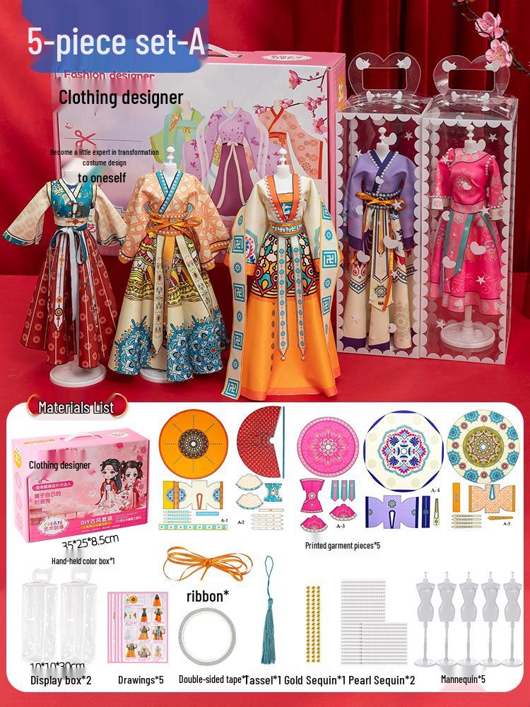 Children's DIY Fashion Design Hanfu Doll Set - Birthday Gift for Girls Ages 6-10, Features 7 Chinese Style Dress-Up Options
