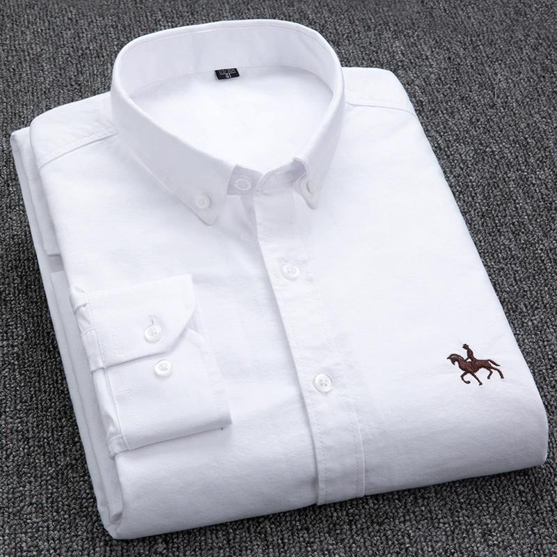 Men's Spring and Autumn Plus Size Lapel Long Sleeve Oxford Spinning Button Embroidery Shirt