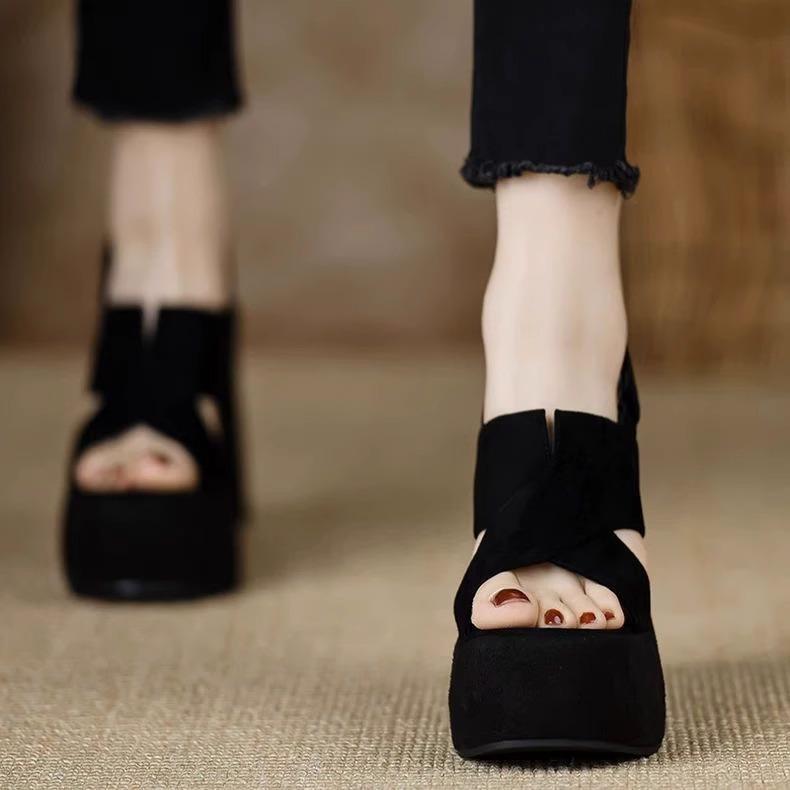 Fashion 2025 Summer Black Platform Sandals Nubuck Real Leather Shoes Woman Increasing Height High Heels Clogs Wedge Espadrilles Genuine