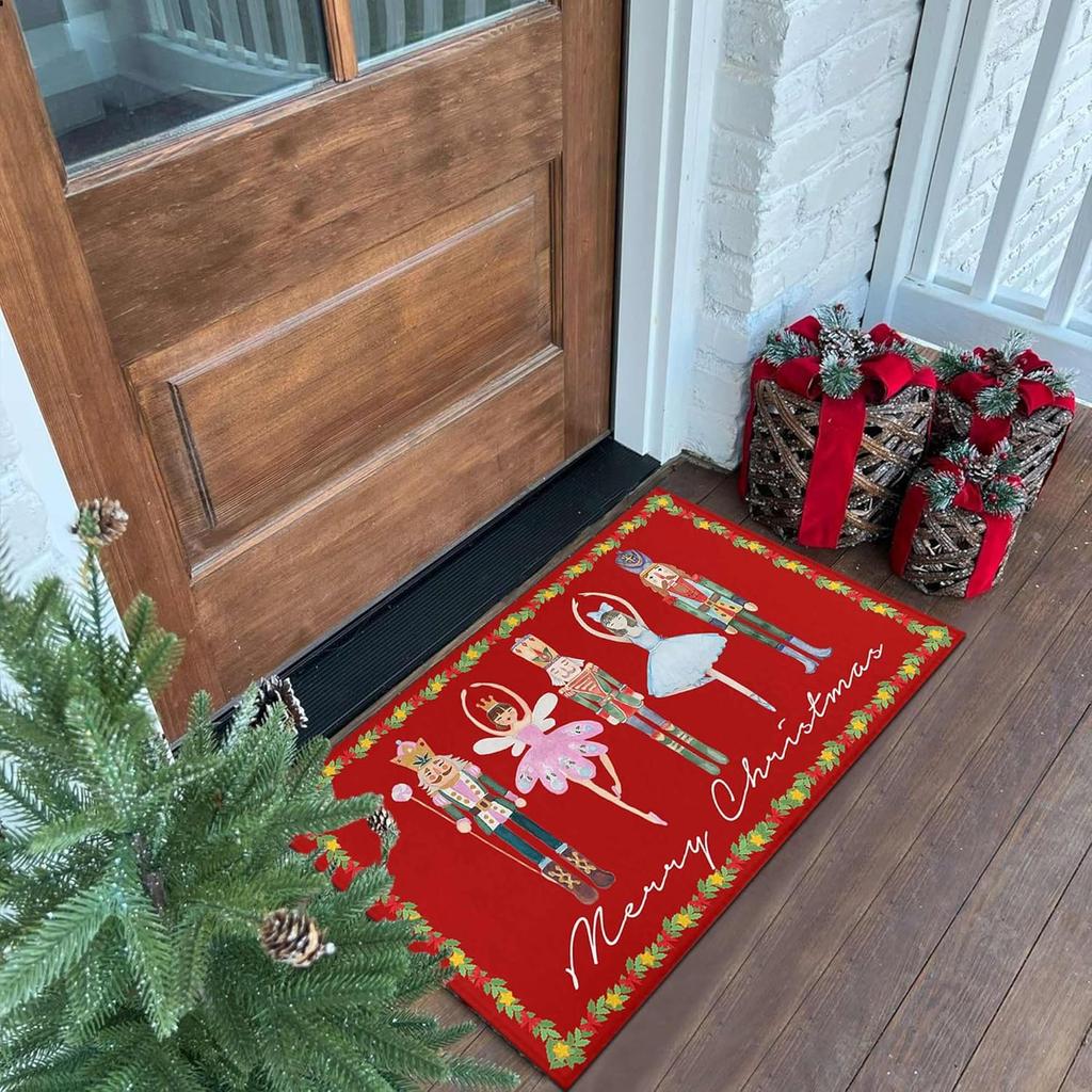 VIKAMA Red Walnut Decorative Door Mat for Christmas Happy Family Decor - Indoor and Outdoor Slip-resistant Entrance Carpet