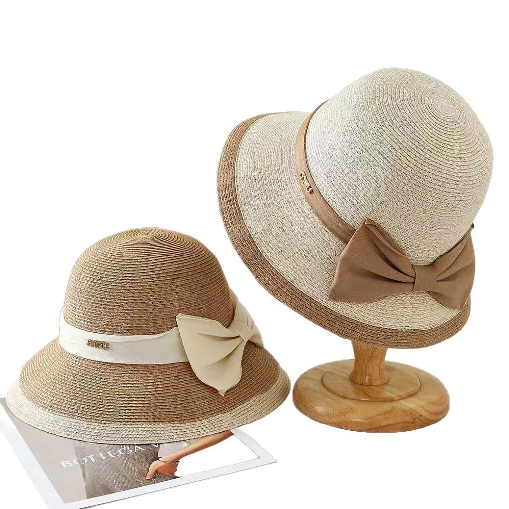 Elegant Bucket Hat Women's Straw Bow Beach Hat Crimped Temperament Straw Hat Summer Sun Hat Top Hat