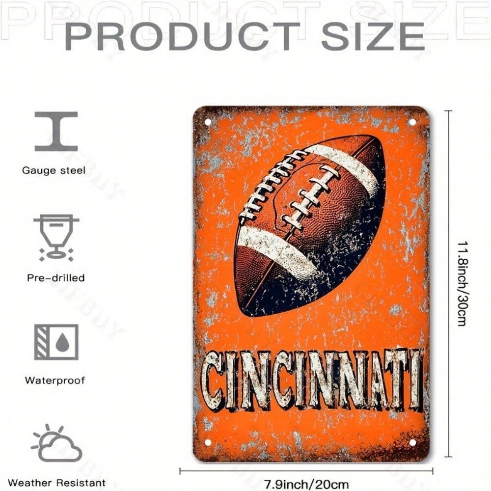 Vintage Cincinnati Football Tin Sign 8x12 Inch Retro Metal Wall Art Pub Decor
